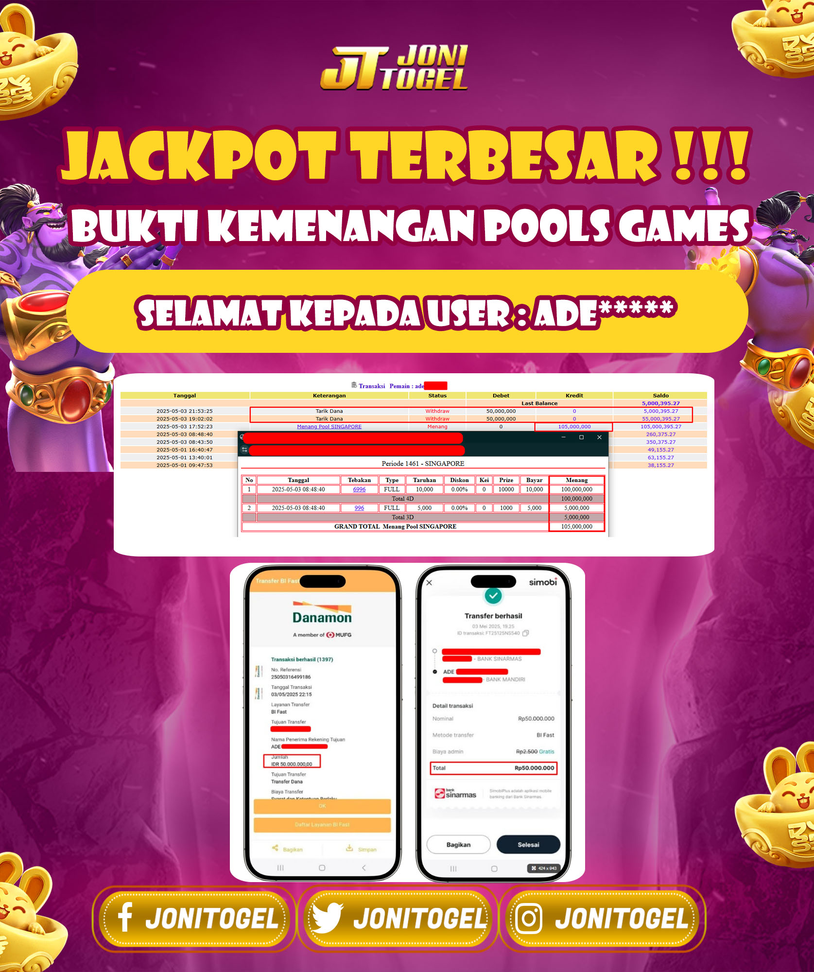 Selamat Atas Kemenangan Jackpot Pada Game SINGAPORE POOLS